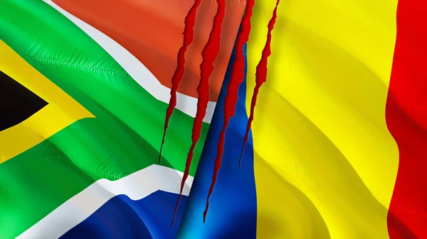 África Sul Romênia Bandeiras Com Conceito Cicatriz Bandeira Ondulada Renderização — Fotografia de Stock
