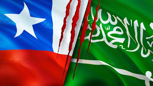 Chile and Saudi Arabia flags with scar concept. Waving flag,3D rendering. Chile and Saudi Arabia conflict concept. Chile Saudi Arabia relations concept. flag of Chile and Saudi Arabia crisis,war