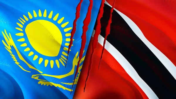 Kazakhstan and Trinidad and Tobago flags with scar concept. Waving flag,3D rendering. Kazakhstan and Trinidad and Tobago conflict concept. Kazakhstan Trinidad and Tobago relations concept. flag o