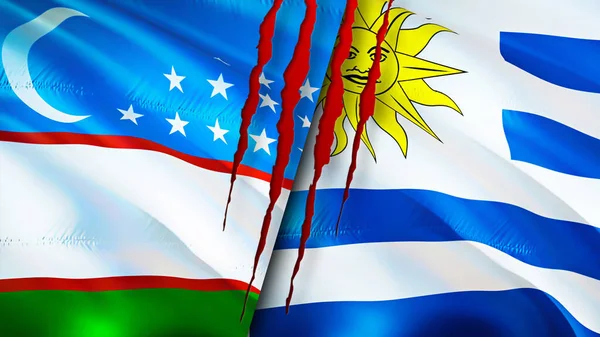 Steaguri Uzbekistan Uruguay Concept Cicatrice Fluturând Steagul Redare Conceptul Conflict — Fotografie, imagine de stoc