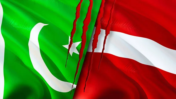 Флаги Пакистана Латвии Шрамами Флажок Рендеринг Концепция Конфликта Между Пакистаном — стоковое фото