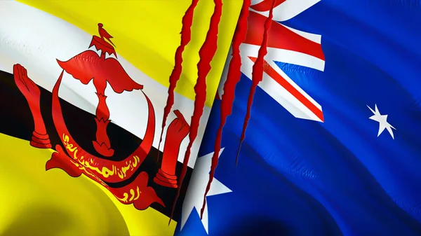 Brunei and Australia flags with scar concept. Waving flag,3D rendering. Brunei and Australia conflict concept. Brunei Australia relations concept. flag of Brunei and Australia crisis,war, attac