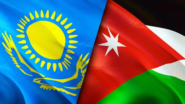 Kazakhstan and Jordan flags. 3D Waving flag design. Kazakhstan Jordan flag, picture, wallpaper. Kazakhstan vs Jordan image,3D rendering. Kazakhstan Jordan relations alliance and Trade,travel,touris