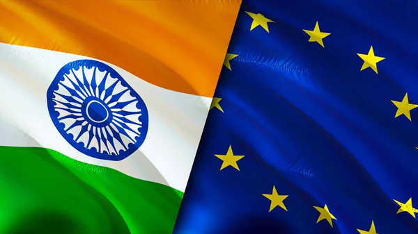 India and European Union flags. 3D Waving flag design. India European Union flag, picture, wallpaper. India vs European Union image,3D rendering. India European Union relations alliance an