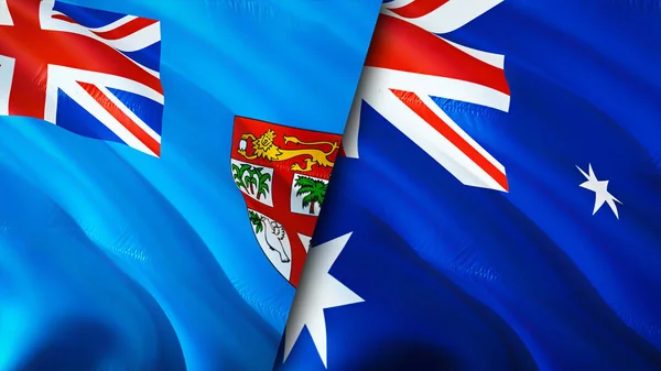 Fiji and Australia flags. 3D Waving flag design. Fiji Australia flag, picture, wallpaper. Fiji vs Australia image,3D rendering. Fiji Australia relations alliance and Trade,travel,tourism concep