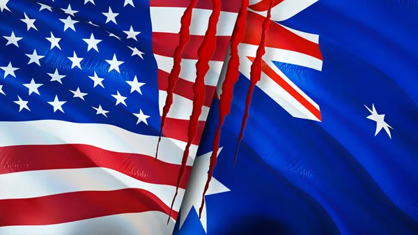 USA and Australia flags with scar concept. Waving flag,3D rendering. USA and Australia conflict concept. USA Australia relations concept. flag of USA and Australia crisis,war, attack concep