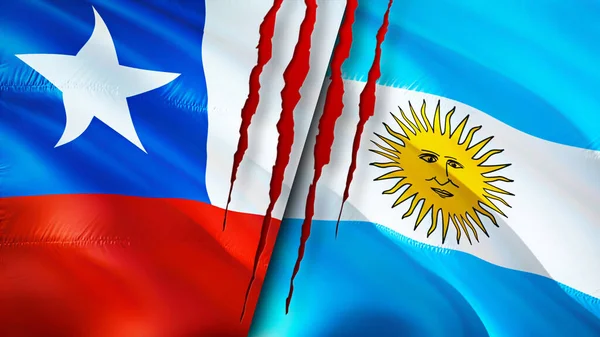 Chile and Argentina flags with scar concept. Waving flag,3D rendering. Chile and Argentina conflict concept. Chile Argentina relations concept. flag of Chile and Argentina crisis,war, attack concep