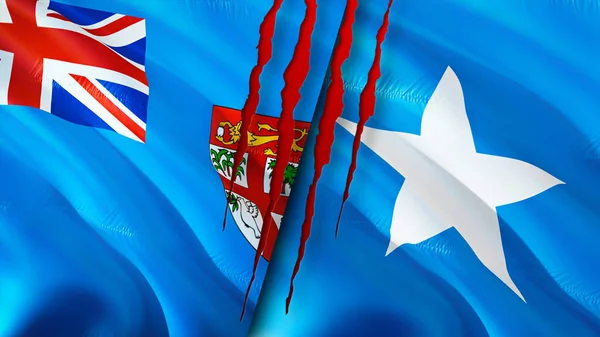 带有伤疤概念的斐济和索马里国旗 飘扬的旗帜 3D渲染 斐济和索马里冲突概念 斐济索马里关系概念 斐济国旗与索马里危机 — 图库照片