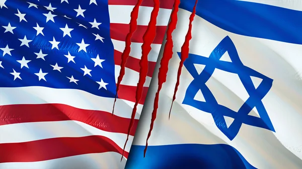 Bandiere Usa Israele Con Concetto Cicatrice Bandiera Sventolante Rendering Concetto — Foto Stock