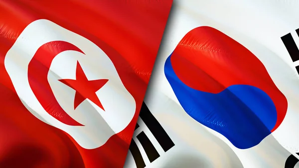 Tunisia and South Korea flags. 3D Waving flag design. Tunisia South Korea flag, picture, wallpaper. Tunisia vs South Korea image,3D rendering. Tunisia South Korea relations alliance an