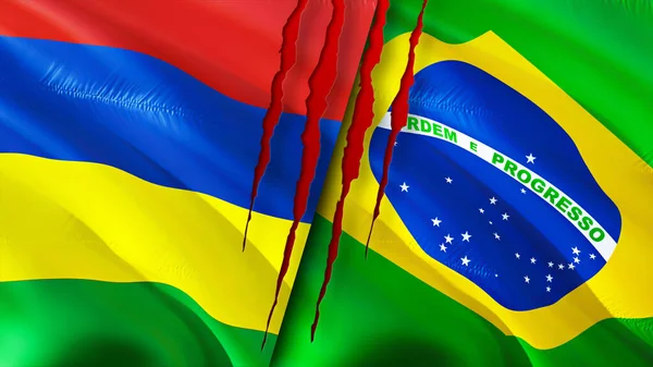 Mauritius and Brazil flags with scar concept. Waving flag,3D rendering. Mauritius and Brazil conflict concept. Mauritius Brazil relations concept. flag of Mauritius and Brazil crisis,war, attac