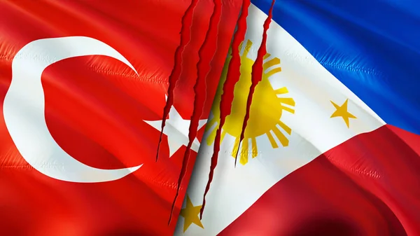 Turkey and Philippines flags with scar concept. Waving flag,3D rendering. Turkey and Philippines conflict concept. Turkey Philippines relations concept. flag of Turkey and Philippines crisis,war