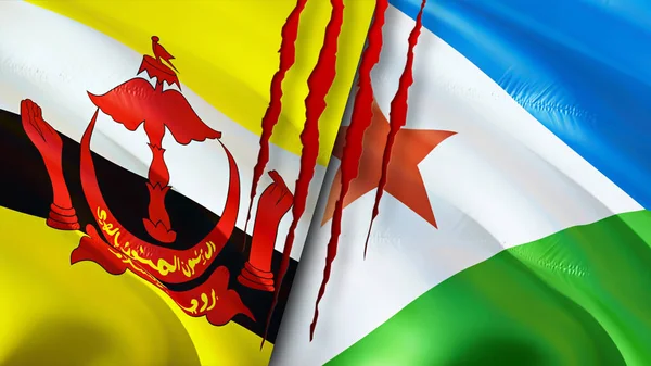 Brunei and Djibouti flags with scar concept. Waving flag,3D rendering. Brunei and Djibouti conflict concept. Brunei Djibouti relations concept. flag of Brunei and Djibouti crisis,war, attack concep