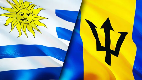 乌拉圭和巴巴多斯的国旗 3D波浪旗帜设计 乌拉圭巴巴多斯国旗 乌拉圭对巴巴多斯的图像 3D渲染 乌拉圭巴巴多斯关系联盟与贸易 — 图库照片
