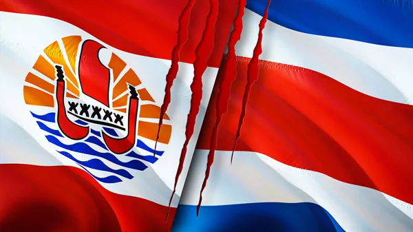 Drapeaux Polynésie Française Costa Rica Avec Concept Cicatrice Drapeau Rendu — Photo