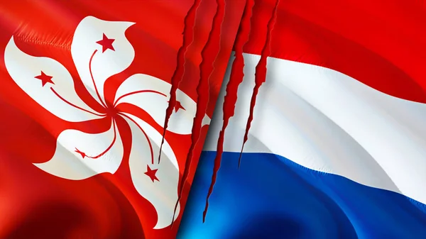 Hong Kong and Netherlands flags with scar concept. Waving flag,3D rendering. Hong Kong and Netherlands conflict concept. Hong Kong Netherlands relations concept. flag of Hong Kong and Netherland