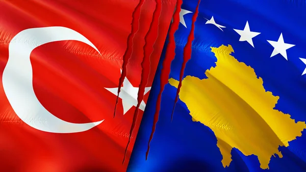 Turkey and Kosovo flags with scar concept. Waving flag,3D rendering. Turkey and Kosovo conflict concept. Turkey Kosovo relations concept. flag of Turkey and Kosovo crisis,war, attack concep
