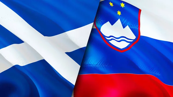 Scotland and Slovenia flags. 3D Waving flag design. Scotland Slovenia flag, picture, wallpaper. Scotland vs Slovenia image,3D rendering. Scotland Slovenia relations alliance and Trade,travel,touris