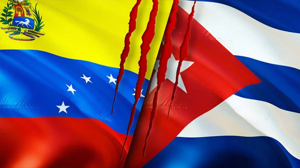 Venezuela and Cuba flags with scar concept. Waving flag,3D rendering. Venezuela and Cuba conflict concept. Venezuela Cuba relations concept. flag of Venezuela and Cuba crisis,war, attack concep