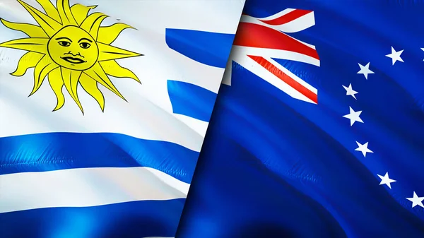 Uruguay and Cook Islands flags. 3D Waving flag design. Uruguay Cook Islands flag, picture, wallpaper. Uruguay vs Cook Islands image,3D rendering. Uruguay Cook Islands relations alliance an