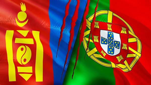 モンゴルとポルトガルの国旗には傷の概念がある 旗を振って3Dレンダリング モンゴルとポルトガルの対立概念 モンゴルポルトガル関係の概念 モンゴルとポルトガルの危機戦争攻撃の旗 — ストック写真
