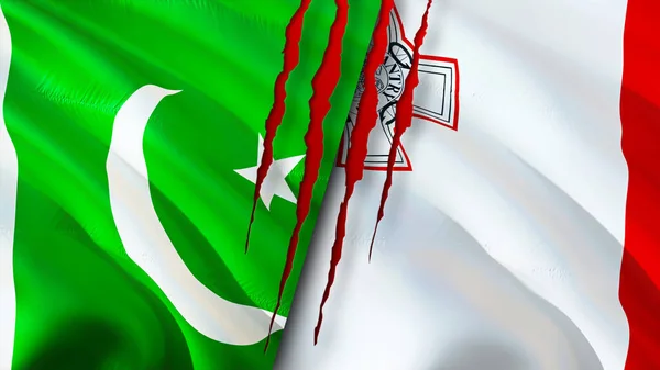 巴基斯坦和马耳他带有伤疤概念的国旗 飘扬的旗帜 3D渲染 巴基斯坦和马耳他冲突概念 巴基斯坦马耳他关系概念 巴基斯坦和马耳他的国旗危机 — 图库照片