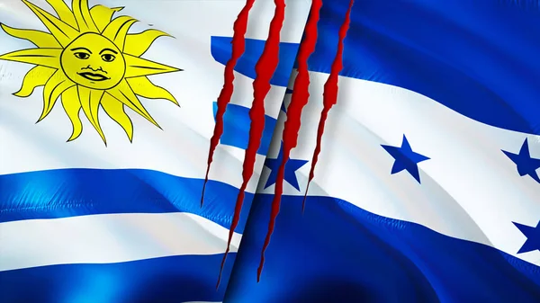 Uruguay and Honduras flags with scar concept. Waving flag,3D rendering. Uruguay and Honduras conflict concept. Uruguay Honduras relations concept. flag of Uruguay and Honduras crisis,war, attac