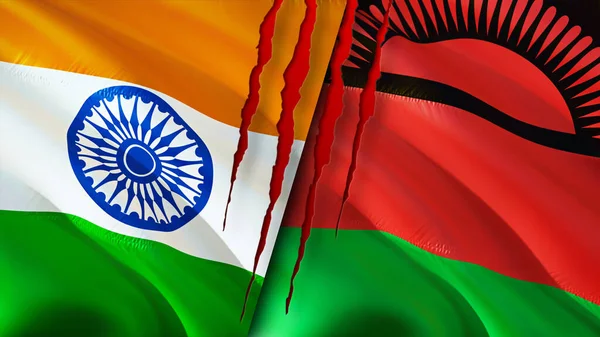 India Malawi Zászlók Sebhely Koncepcióval Lengő Zászló Renderelés India Malawi — Stock Fotó