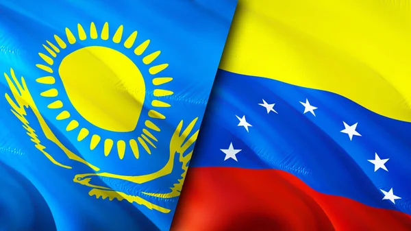 Kazakistan ve Venezuela bayrakları. 3 boyutlu dalgalanan bayrak tasarımı. Kazakistan Venezuela bayrağı, resim, duvar kağıdı. Kazakistan, Venezuela 'ya karşı, görüntü 3 boyutlu. Kazakistan Venezuela ilişkileri