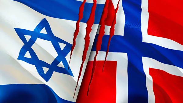 Israel and Norway flags with scar concept. Waving flag,3D rendering. Israel and Norway conflict concept. Israel Norway relations concept. flag of Israel and Norway crisis,war, attack concep