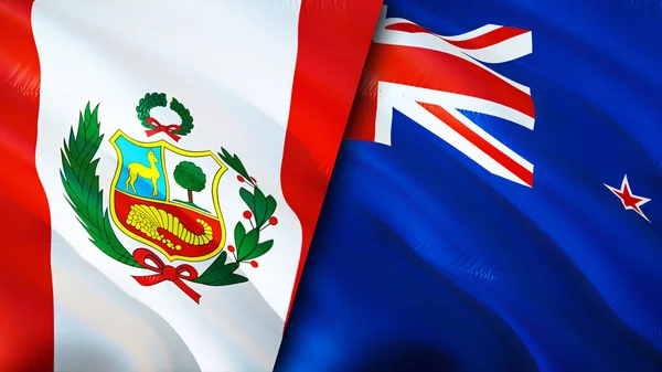 秘鲁和新西兰的国旗 3D波浪旗帜设计 秘鲁新西兰国旗 秘鲁对新西兰的图像 3D渲染 秘鲁新西兰关系联盟与贸易 — 图库照片