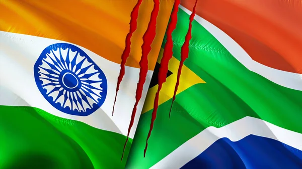 India and South Africa flags with scar concept. Waving flag,3D rendering. India and South Africa conflict concept. India South Africa relations concept. flag of India and South Africa crisis,war