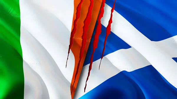 Ierland Schotland Vlaggen Met Litteken Concept Wuivende Vlag Rendering Conflictconcept — Stockfoto