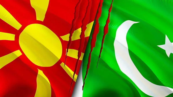 North Macedonia and Pakistan flags with scar concept. Waving flag,3D rendering. North Macedonia and Pakistan conflict concept. North Macedonia Pakistan relations concept. flag of North Macedonia an