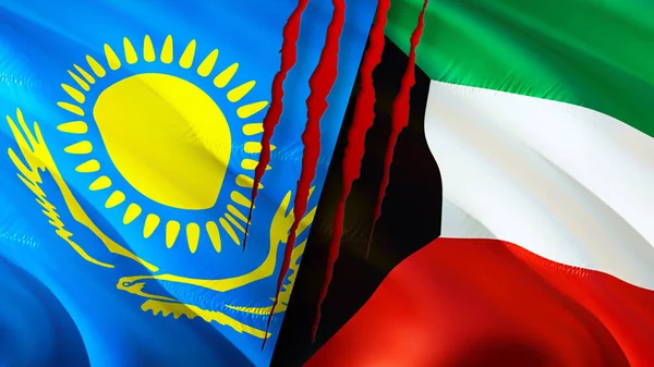 Kazakhstan and Kuwait flags with scar concept. Waving flag,3D rendering. Kazakhstan and Kuwait conflict concept. Kazakhstan Kuwait relations concept. flag of Kazakhstan and Kuwait crisis,war, attac