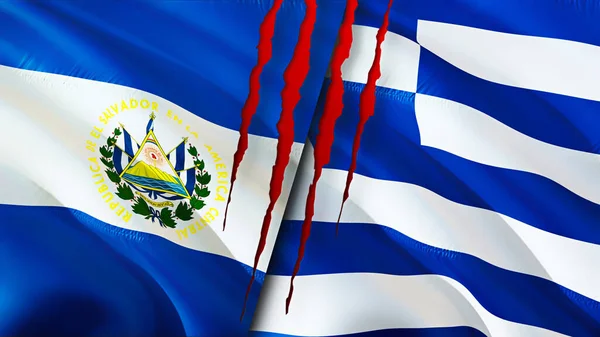 El Salvador and Greek flags with scar concept. Waving flag 3D rendering. El Salvador and Greek conflict concept. El Salvador Greek relations concept. flag of El Salvador and Greek crisis,war, attac
