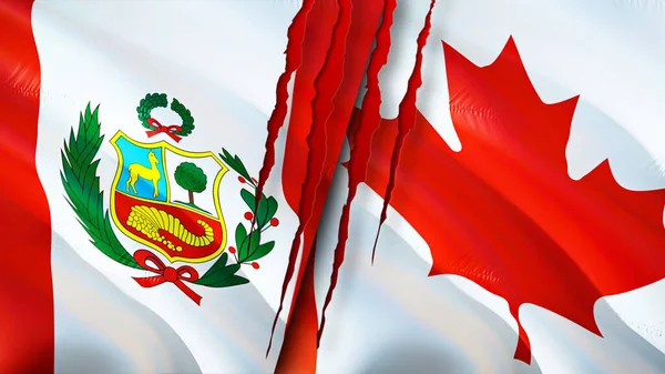Banderas Perú Canadá Con Concepto Cicatriz Bandera Ondeante Representación Concepto — Foto de Stock