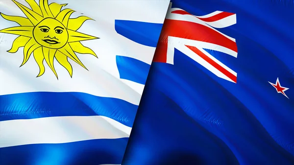 Uruguay and New Zealand flags. 3D Waving flag design. Uruguay New Zealand flag, picture, wallpaper. Uruguay vs New Zealand image,3D rendering. Uruguay New Zealand relations alliance an