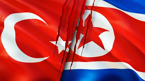 Turkey and North Korea flags with scar concept. Waving flag,3D rendering. Turkey and North Korea conflict concept. Turkey North Korea relations concept. flag of Turkey and North Korea crisis,war