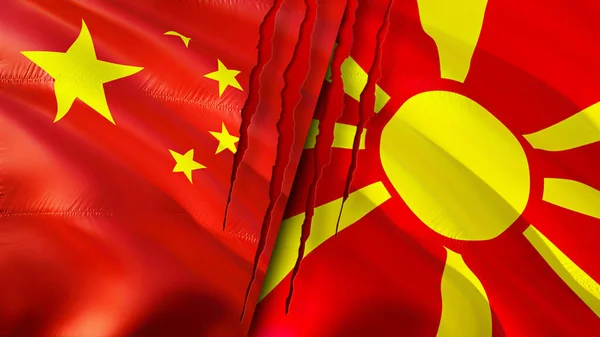 China and North Macedonia flags with scar concept. Waving flag,3D rendering. China and North Macedonia conflict concept. China North Macedonia relations concept. flag of China and North Macedoni