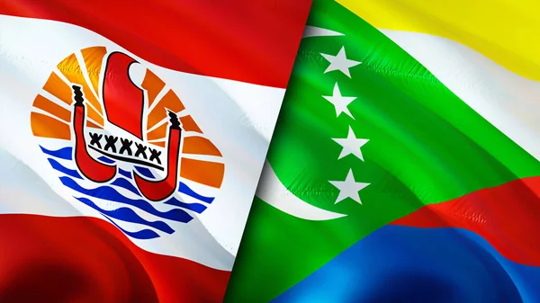 French Polynesia and Comoros flags. 3D Waving flag design. French Polynesia Comoros flag, picture, wallpaper. French Polynesia vs Comoros image,3D rendering. French Polynesia Comoros relation