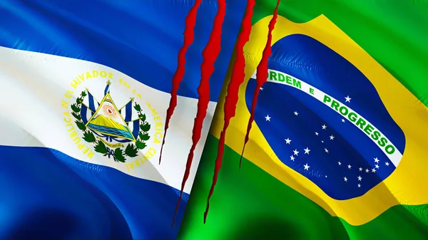 El Salvador and Brazil flags with scar concept. Waving flag 3D rendering. El Salvador and Brazil conflict concept. El Salvador Brazil relations concept. flag of El Salvador and Brazil crisis,war