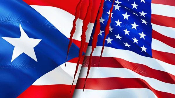 Bandeiras Porto Rico Estados Unidos Com Conceito Cicatriz Bandeira Ondulada — Fotografia de Stock