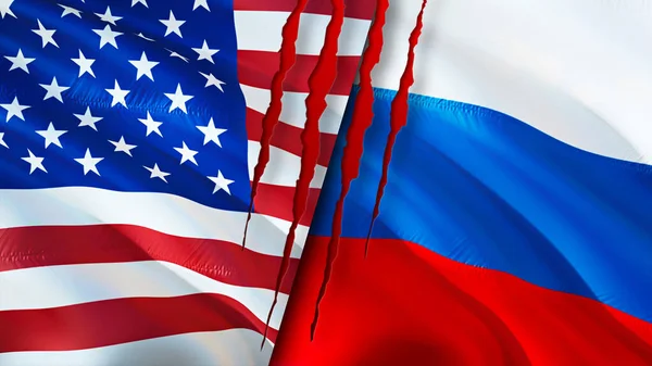美国和俄罗斯带有伤疤概念的国旗 飘扬的旗帜 3D渲染 美俄冲突概念 美俄关系概念 美国和俄罗斯的国旗危机 — 图库照片
