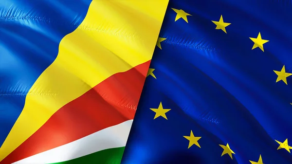 Seychelles and European Union flags. 3D Waving flag design. Seychelles European Union flag, picture, wallpaper. Seychelles vs European Union image,3D rendering. Seychelles European Union relation