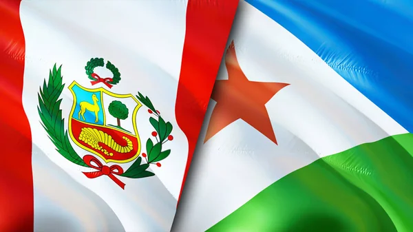 Peru and Djibouti flags. 3D Waving flag design. Peru Djibouti flag, picture, wallpaper. Peru vs Djibouti image,3D rendering. Peru Djibouti relations alliance and Trade,travel,tourism concep