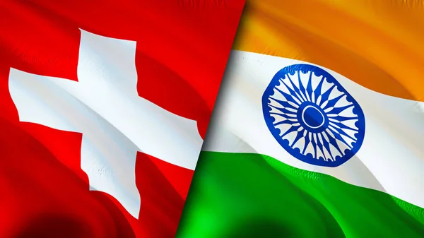 Switzerland and India flags. 3D Waving flag design. Switzerland India flag, picture, wallpaper. Switzerland vs India image,3D rendering. Switzerland India relations alliance and Trade,travel,touris