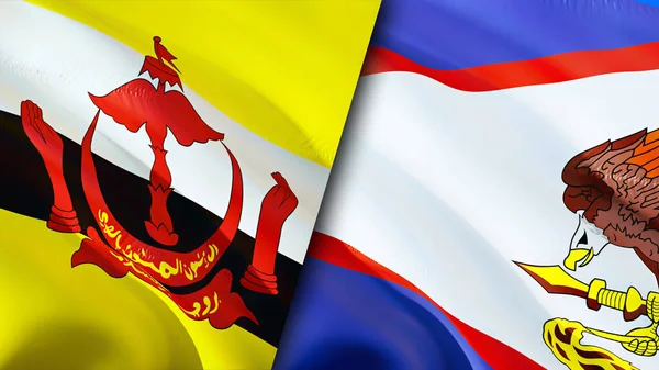 Brunei and American Samoa flags. 3D Waving flag design. Brunei American Samoa flag, picture, wallpaper. Brunei vs American Samoa image,3D rendering. Brunei American Samoa relations alliance an