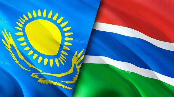 Kazakistan ve Gambiya bayrakları. 3 boyutlu dalgalanan bayrak tasarımı. Kazakistan Gambiya bayrağı, resim, duvar kağıdı. Kazakistan Gambiya 'ya karşı, görüntü 3 boyutlu. Kazakistan Gambiya ilişkileri ittifak ve ticaret, seyahat, turnuva