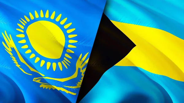 Σημαίες Καζακστάν Και Μπαχαμών Σχεδιασμός Τρισδιάστατης Κυματιστή Σημαίας Σημαία Καζακστάν — Φωτογραφία Αρχείου